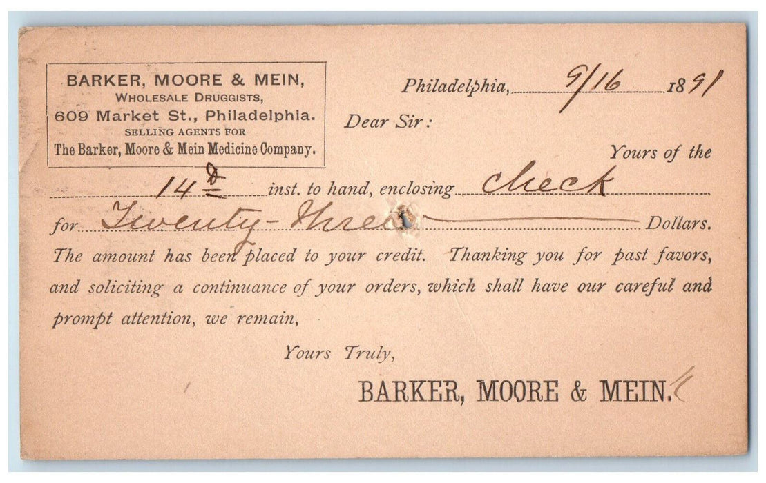 1891 Enclosing Check Barker Moore Mein Philadelphia Pennsylvania PA Postal Card