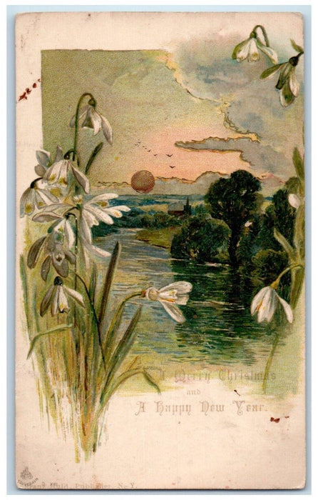 c1900's Merry Christmas And Happy New Year White Flowers River Moon Postcard