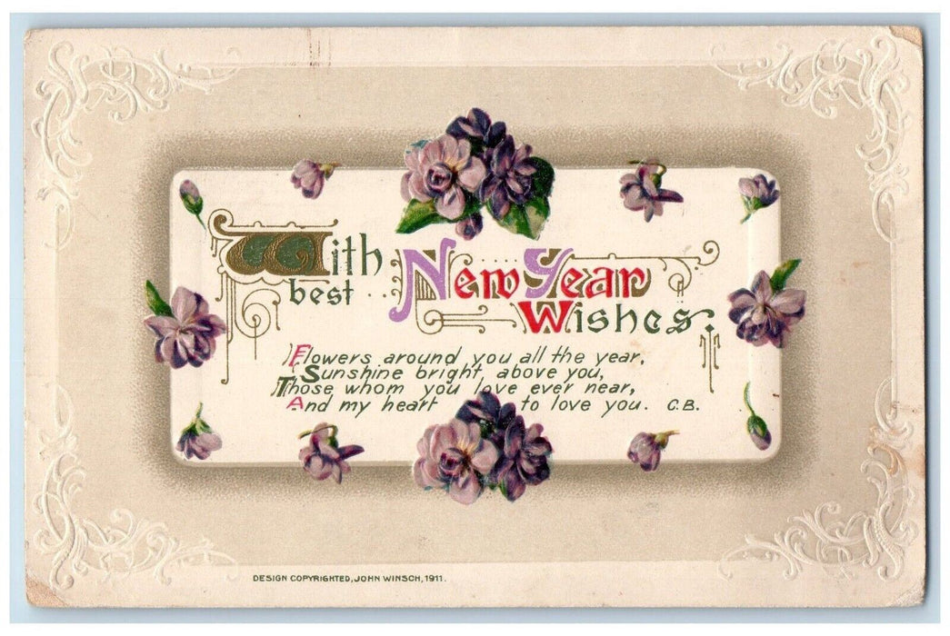 1911 New Year Wishes Purple Flowers John Wisnch Artist Signed Embossed Postcard