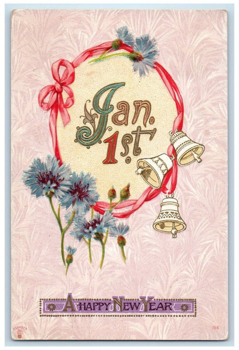 1911 Happy New Year Jan 1st Ringing Bells Flowers Embossed Chepaghet NY Postcard