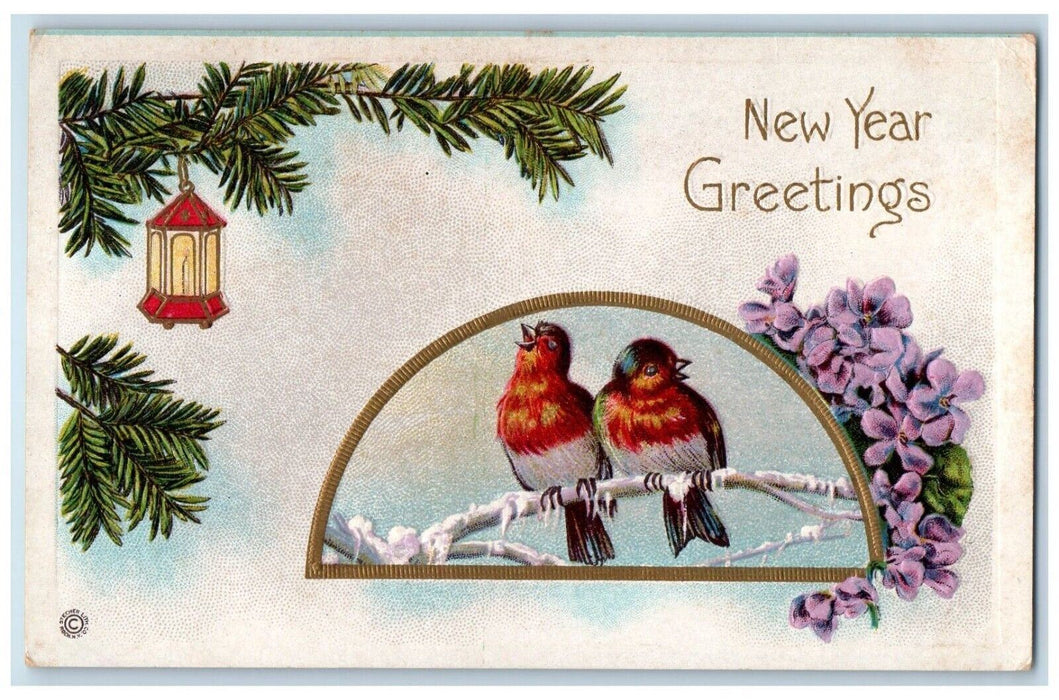 1918 New Year Greetings Song Bird Lantern Pansies Flowers Embossed Postcard