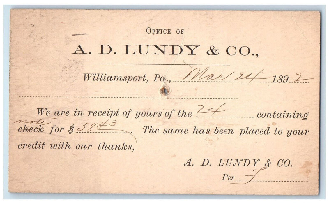 1892 Office of A.D. Lundy & Co. Williamsport PA AJ Greish Fleming PA Postal Card