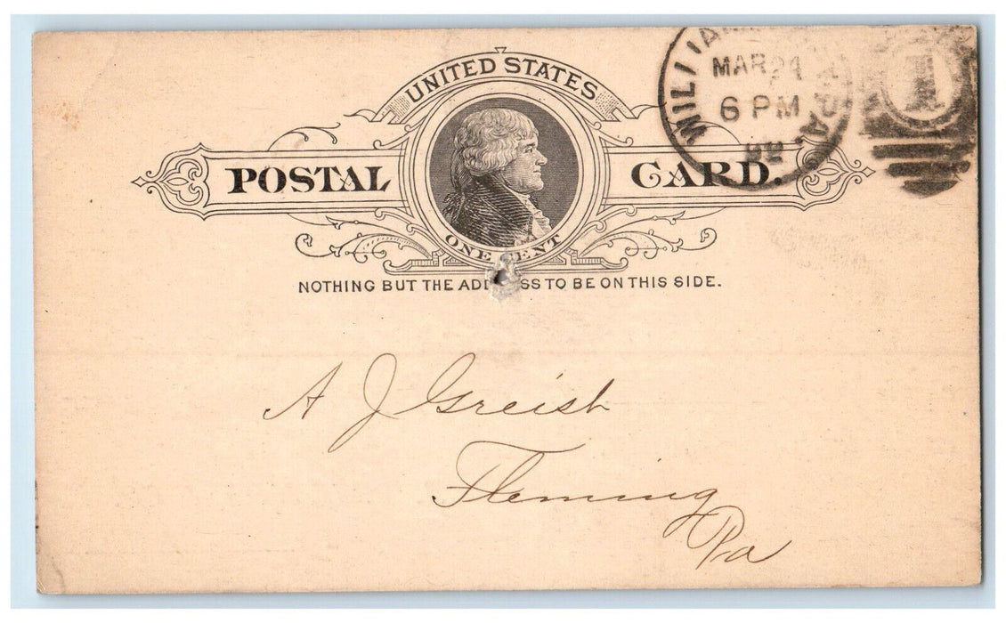 1892 Office of A.D. Lundy & Co. Williamsport PA AJ Greish Fleming PA Postal Card