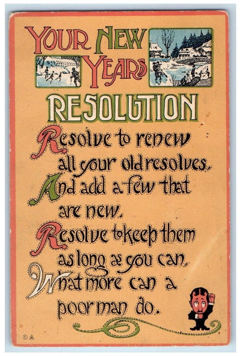 c1910's New Years Resolution Ice Skating Winter Posted Antique Postcard