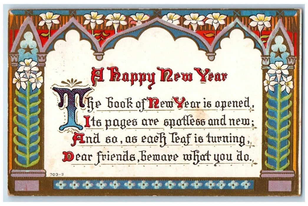 1909 Happy New Year Lilies Flowers Art Nouveau Embossed Posted Antique Postcard