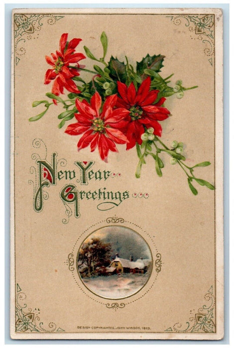 1916 New Year Greetings Poinsettia Flowers Mistletoe John Winsch Posted Postcard