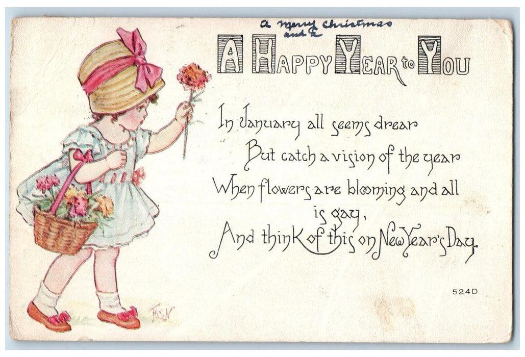 1914 Happy New Year Message Pretty Girl Flowers In Basket Antique Postcard