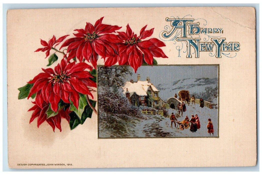 New Year Poinsettia Flowers Bridge House John Winsch Artist Signed Postcard