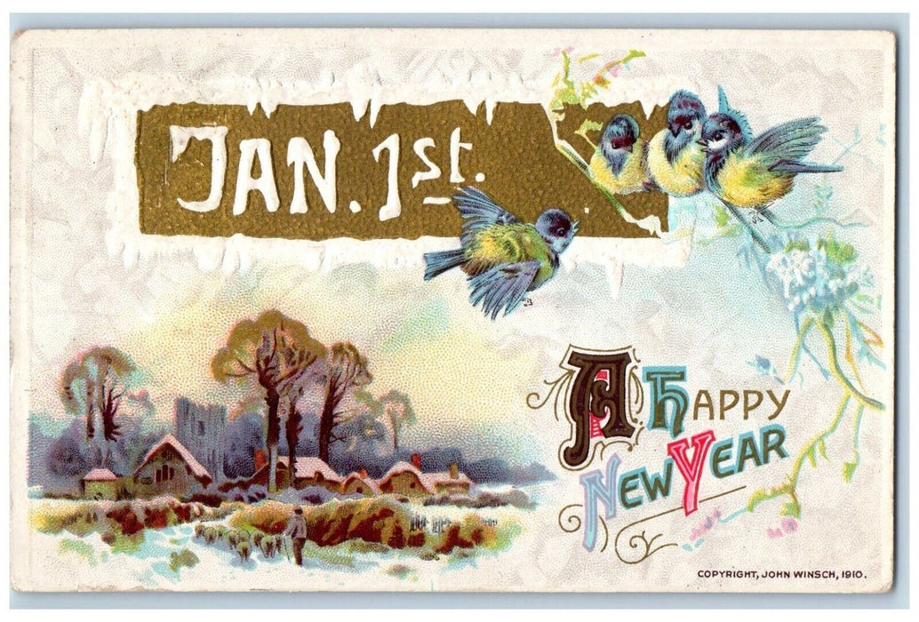 c1910's New Year John Winsch Song Birds Sheep Houses Artist Signed Postcard