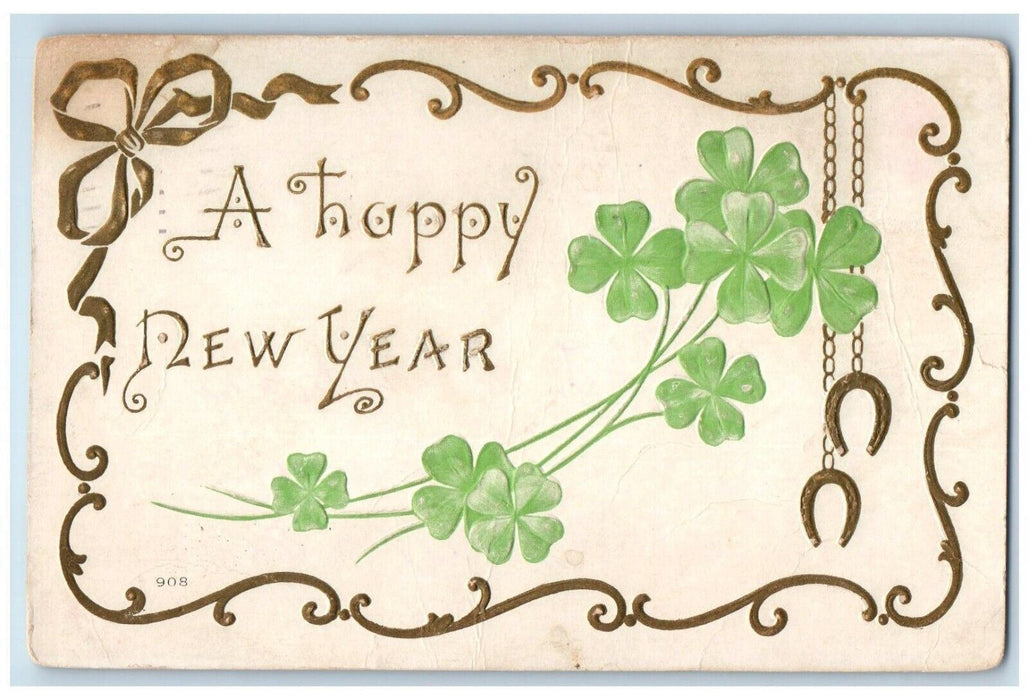 c1910's Happy New Year Shamrock Hanging Horseshoe Embossed Antique Postcard
