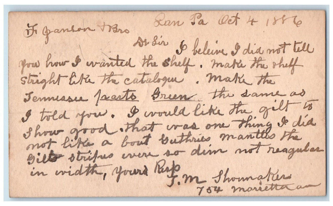 1886 Fireplace Martle Lancaster PA Frank Janson Columbia PA Postal Card