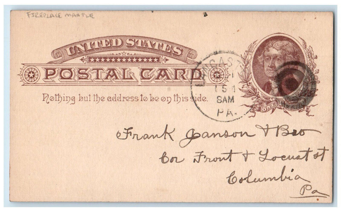 1886 Fireplace Martle Lancaster PA Frank Janson Columbia PA Postal Card