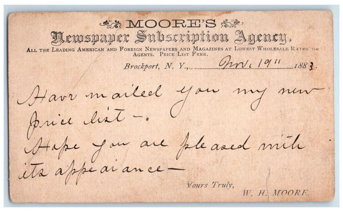 1883 Moore's Newspaper Subscription Agency Brockport New York NY Postal Card