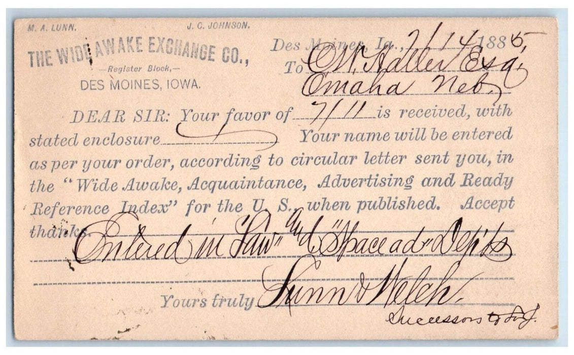 1885 M.A. Lunn J.C. Johnson The Wide Awake Exchange Co Des Moines IA Postal Card