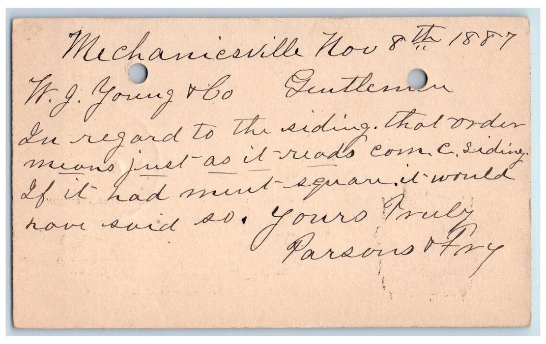 1887 Mechanicsville IA WJ Young & Co. Order Message Parsons & Fry Postal Card