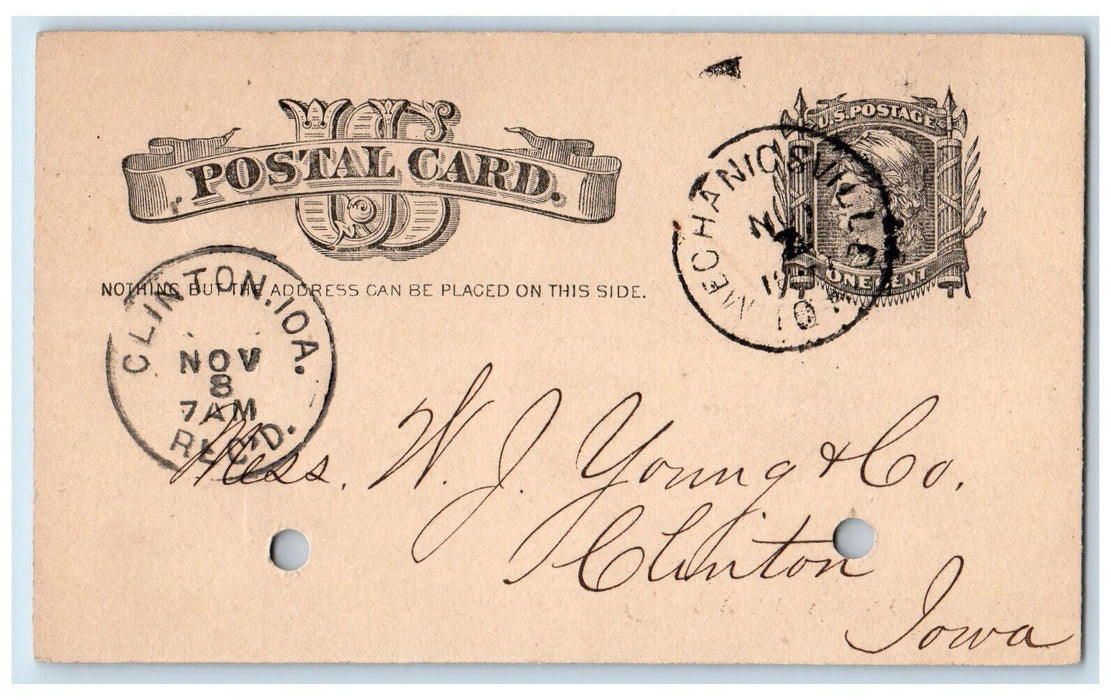 1887 Mechanicsville IA WJ Young & Co. Order Message Parsons & Fry Postal Card