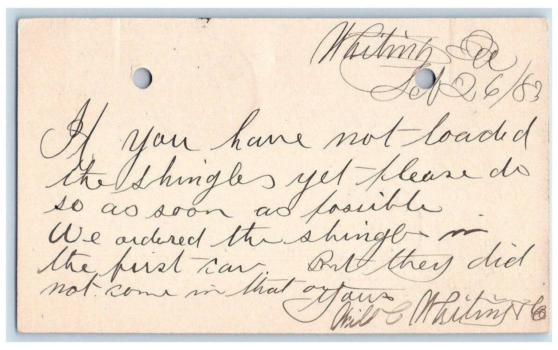 1883 Shingle Order Whiting Iowa IA Clinton IA Antique Posted Postal Card