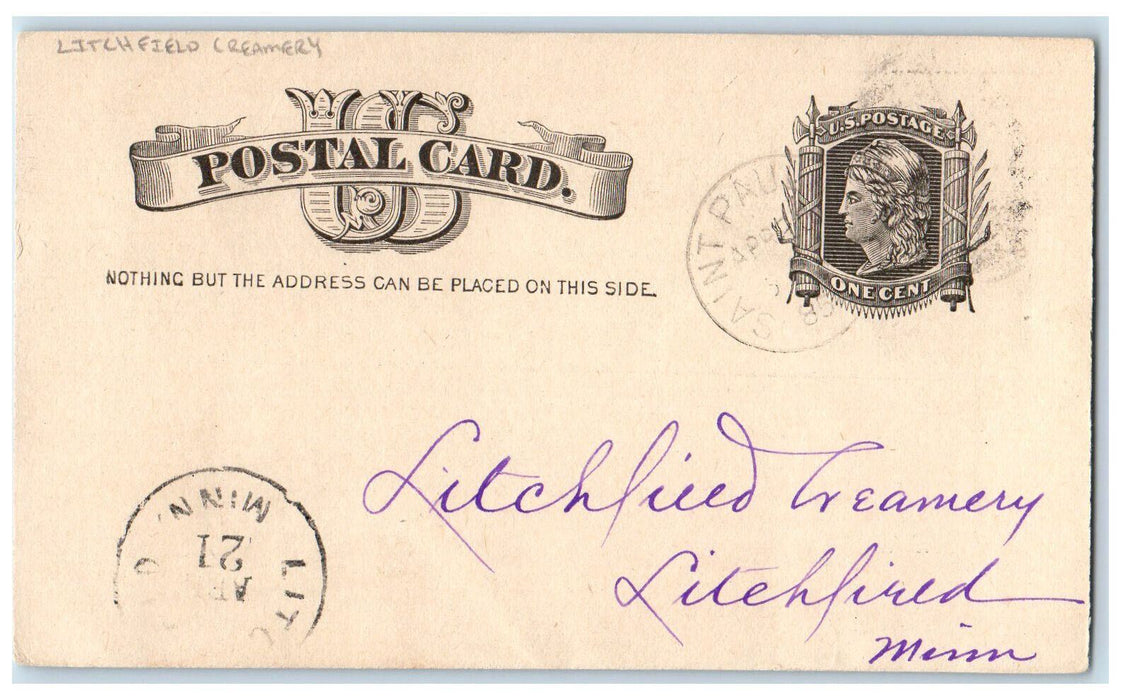 1885 Litchfield Creamery PH Kelly Mercantile Co St. Paul MN Posted Postal Card