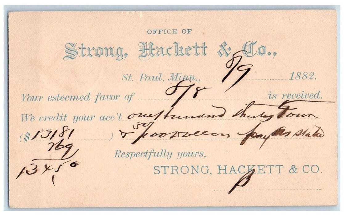 1882 Strong Hacket & Co. Saint Paul MN Litchfield MN Posted Postal Card