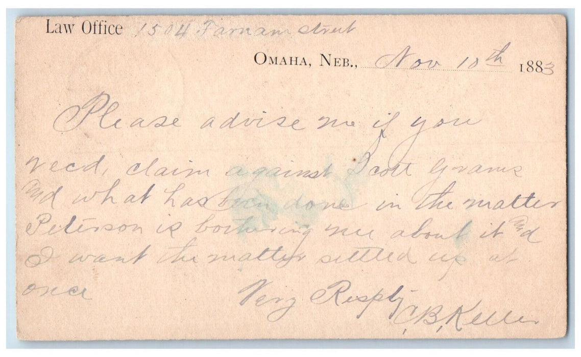 1883 Law Office CB Keller WM Marshall Omaha Nebraska NE Fremont NE Postal Card