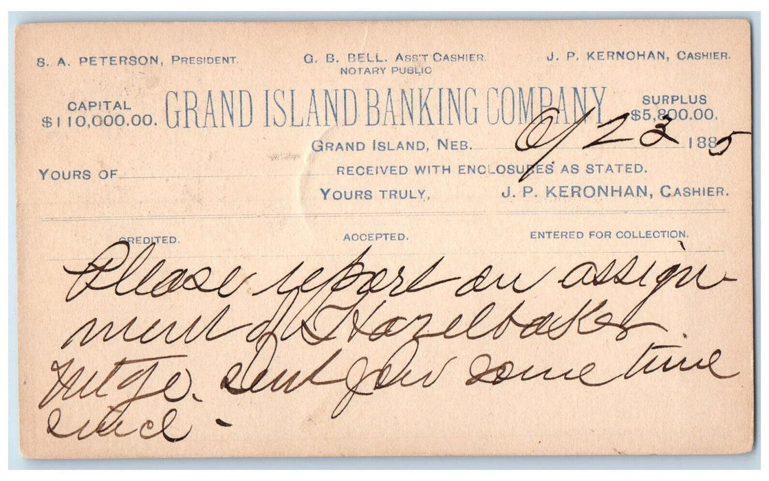 1885 Grand Island Banking Company Clay Co. Clerk Grand Island NE Postal Card