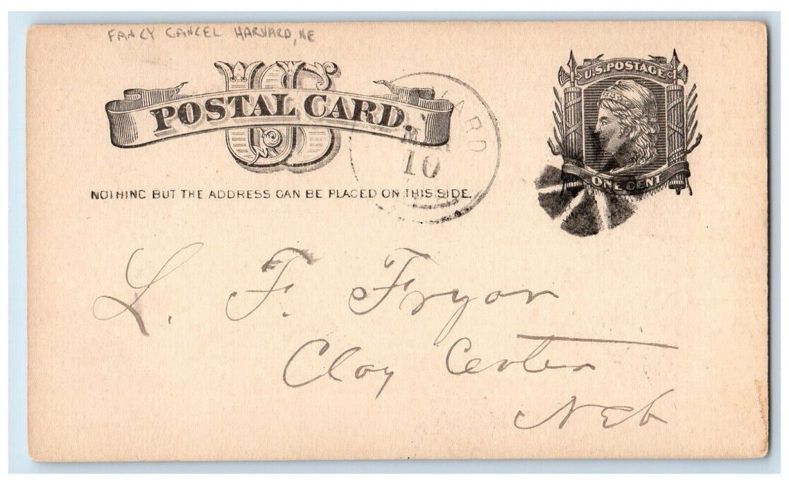 1884 Fancy Cancel LF Fryon Clay Center Harvard Nebraska NE Posted Postal Card