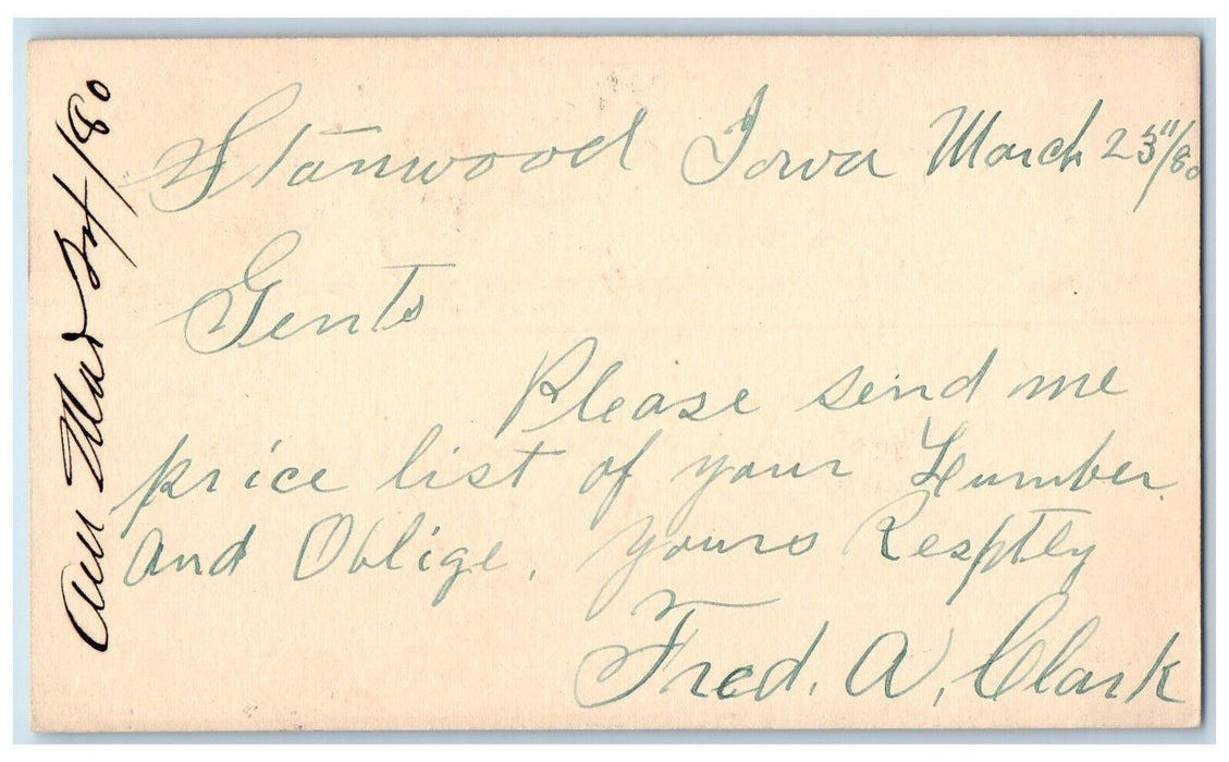 1880 Lumber Price List Fred Clark Stanwood Iowa IA Clinton IA Postal Card