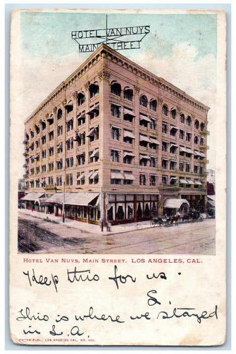 1903 Hotel Van Nuys Main Street Exterior Street Los Angeles California Postcard