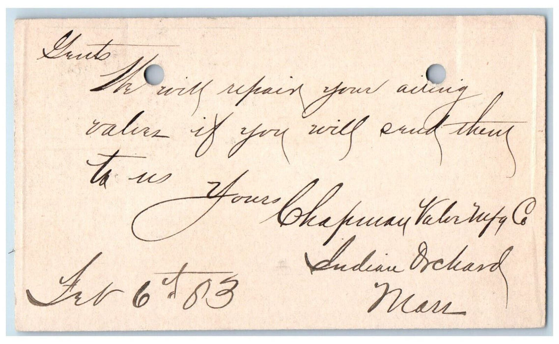 1883 Chapman Value MFG Co Indian Orchard Massachusetts MA Clinton MA Postal Card