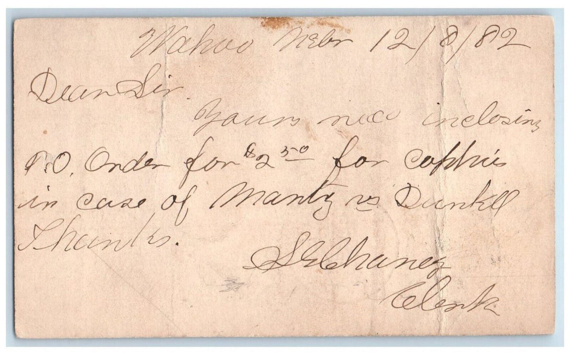 1882 P&O Order SE Chanes Clerk Wahoo Nebraska NE Fremont NE Postal Card