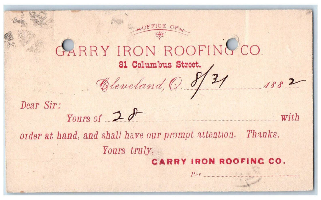1882 Garry Iron Roofing Co. Fancy Cancel Cleveland Ohio OH Postal Card