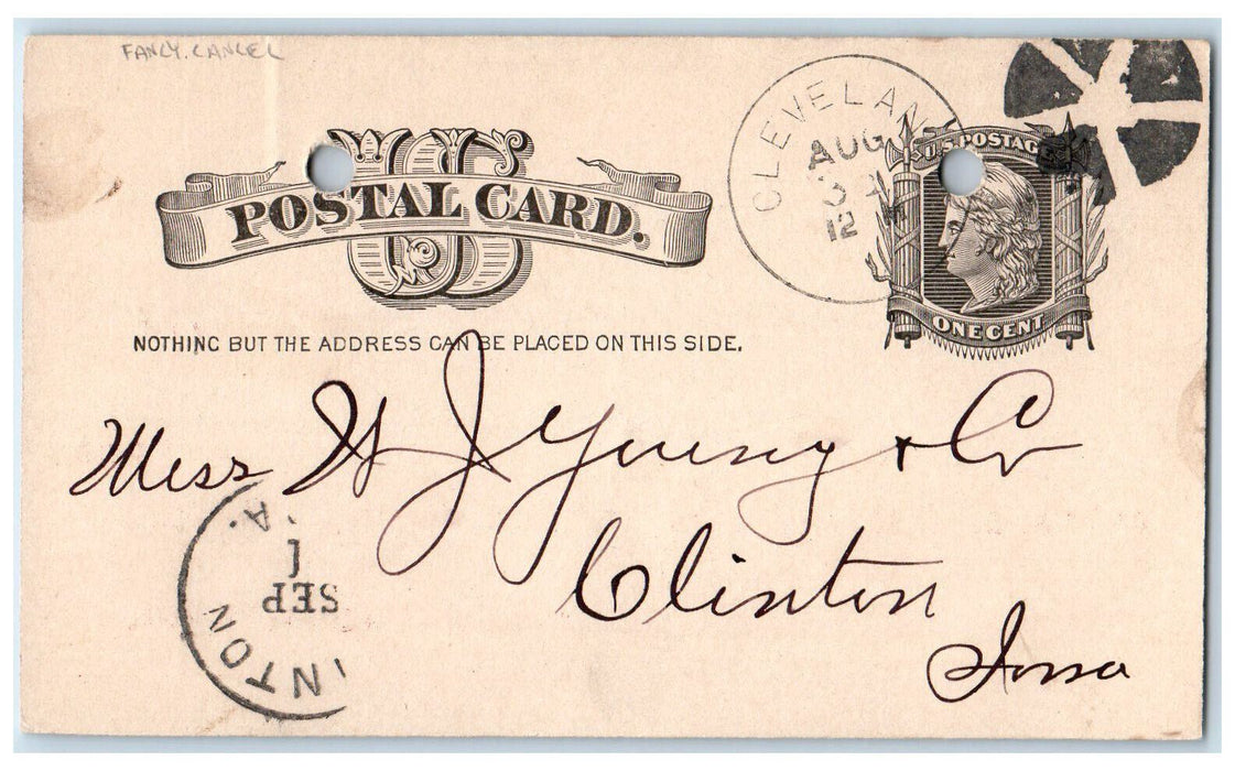 1882 Garry Iron Roofing Co. Fancy Cancel Cleveland Ohio OH Postal Card