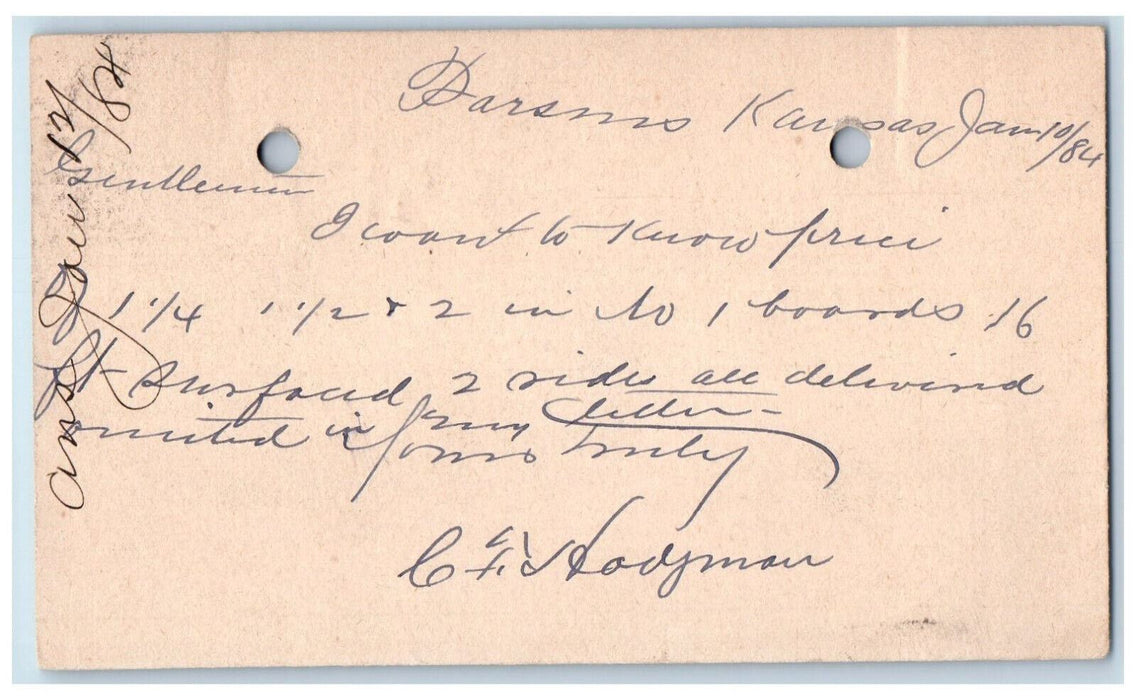 1884 Lumber Parsons Kansas KS Clinton Iowa IA Fancy Cancel Postal Card