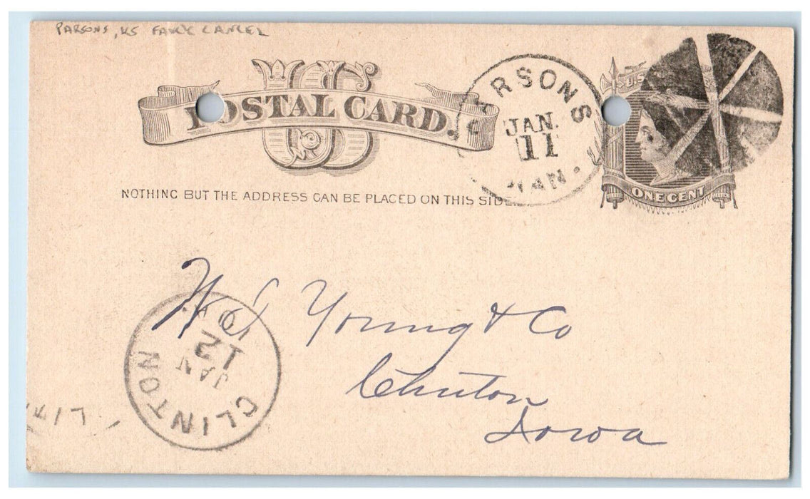 1884 Lumber Parsons Kansas KS Clinton Iowa IA Fancy Cancel Postal Card