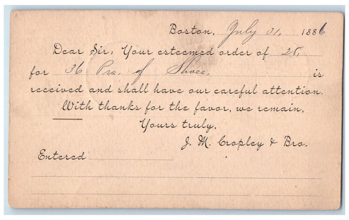 1886 Shoes Order Received JM Crople & Bro. Boston Marblehead MA Postal Card