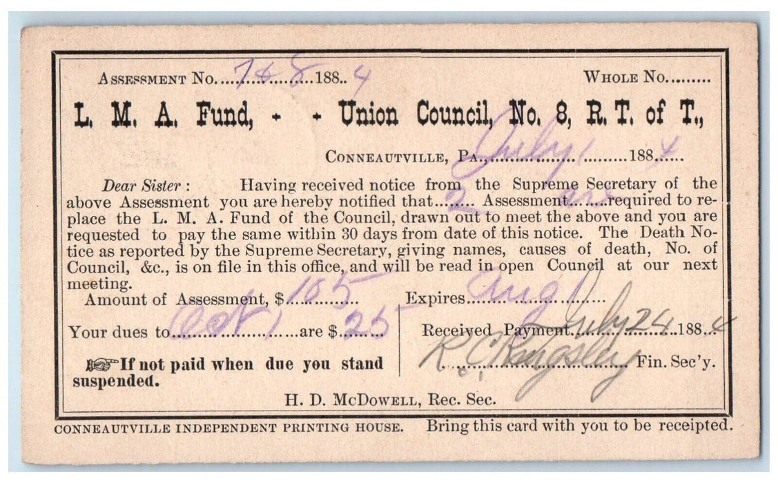 1884 L.M.A. Fund Union Council No. 8 R.T. of T Conneautville PA Postal Card