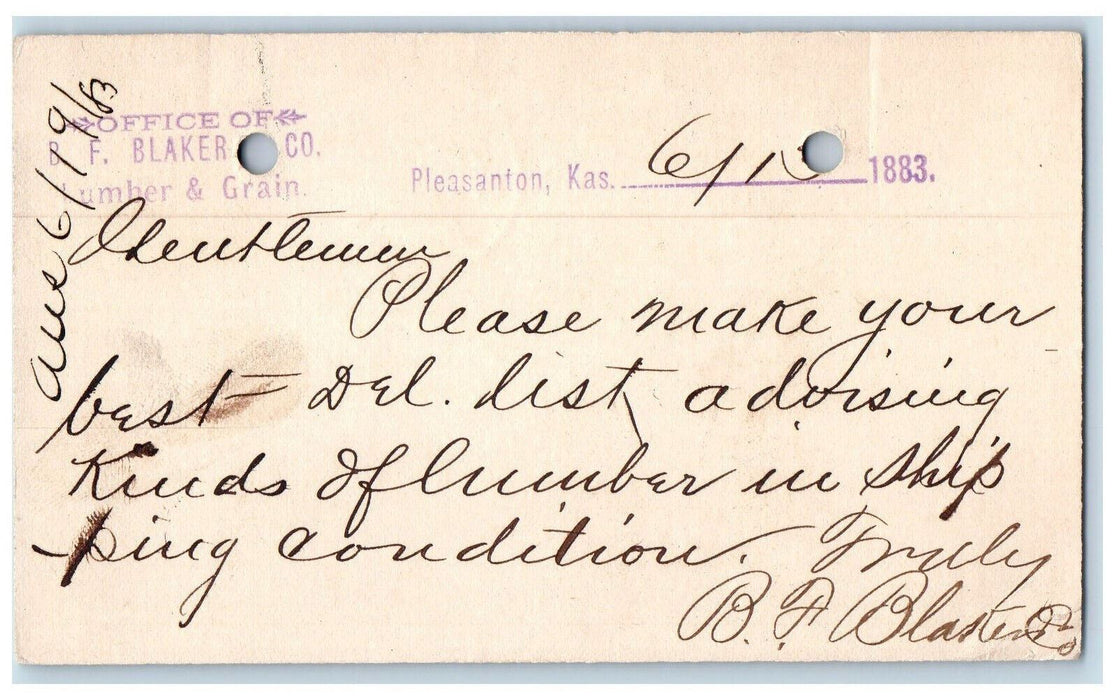 1883 Office of BF Blaker Co. Lumber Grain Pleasanton Kansas KS Postal Card