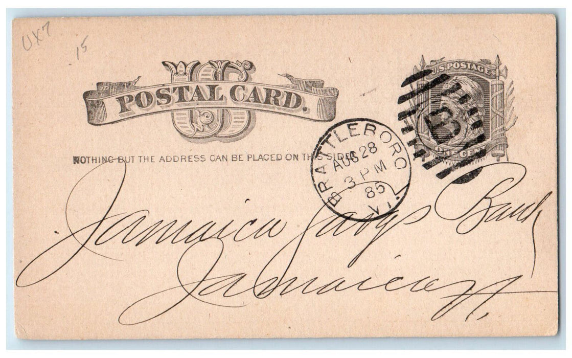 1885 The Vermont National Bank Brattleboro Jamaica Vermont VT Postal Card