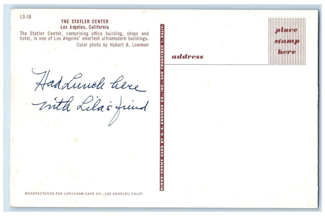 c1960 Statler Center Exterior Building Bus Cars Los Angeles California Postcard