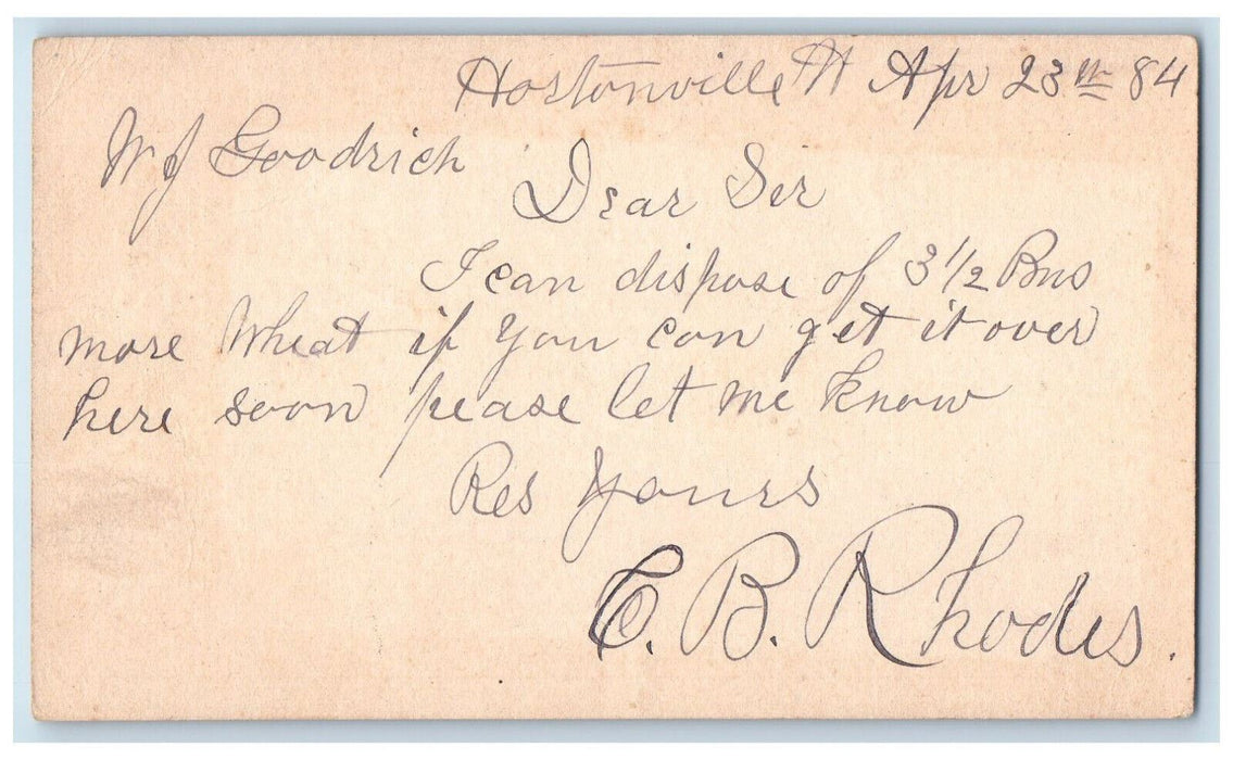 1884 MJ Goodrich Wheat CB Rhodes Hortonville Vermont VT Benson VT Postal Card