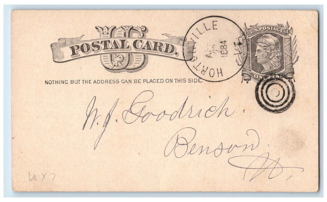 1884 MJ Goodrich Wheat CB Rhodes Hortonville Vermont VT Benson VT Postal Card