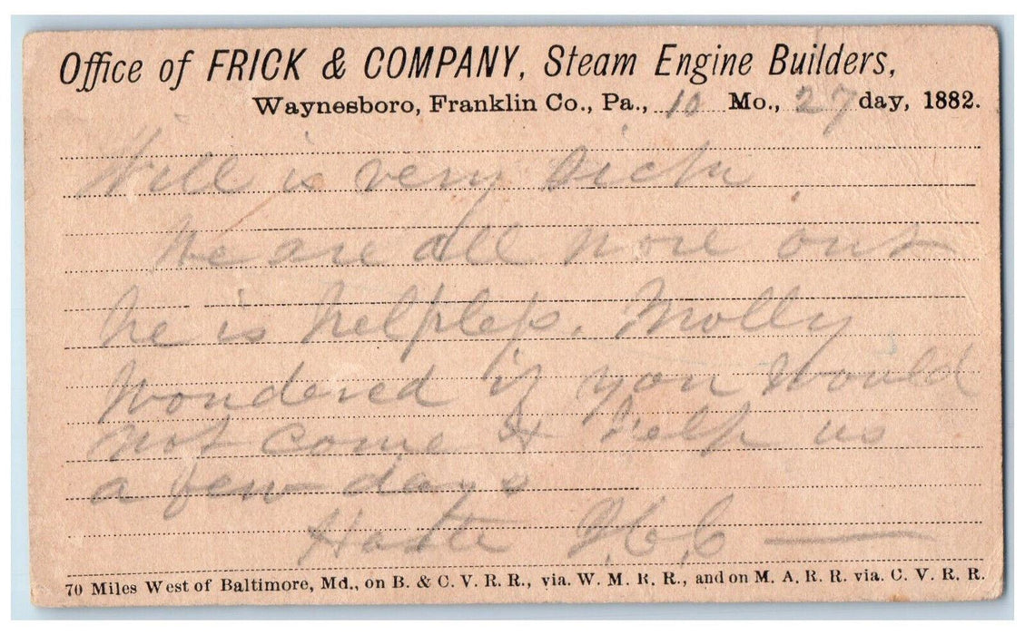 1882 Frick & Company Steam Engine Builders Waynesboro Franklin PA Postal Card
