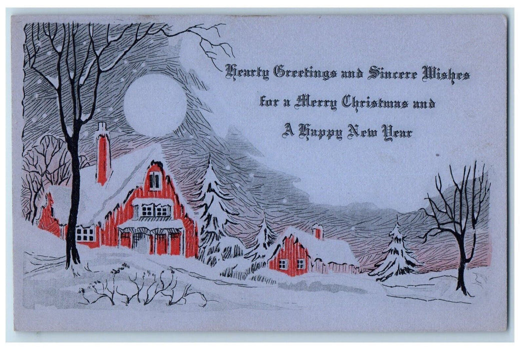 1929 Christmas Greetings House Pine Trees Winter Arts Crafts Vintage Postcard