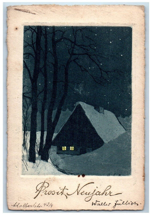 c1910's New Year House Covered Snow Winter Tress Embossed German Posted Postcard