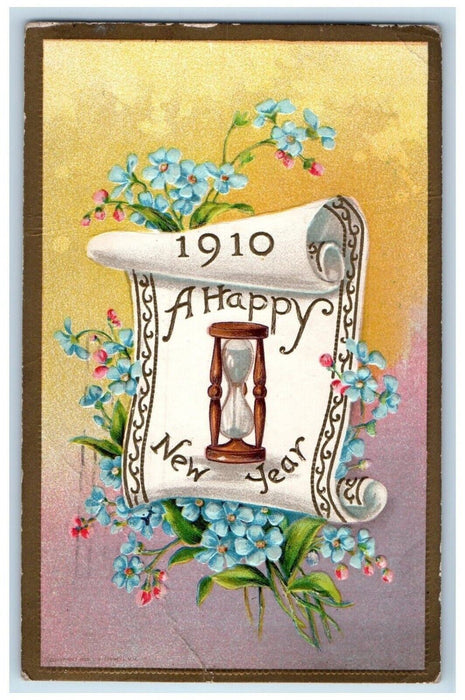 1909 Happy New Year Hourglass Pansies Flowers Embossed San Francisco CA Postcard