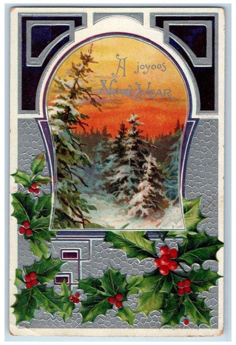 1908 New Year Holly Berries Pine Trees Winter Snow Embossed Mauston WI Postcard