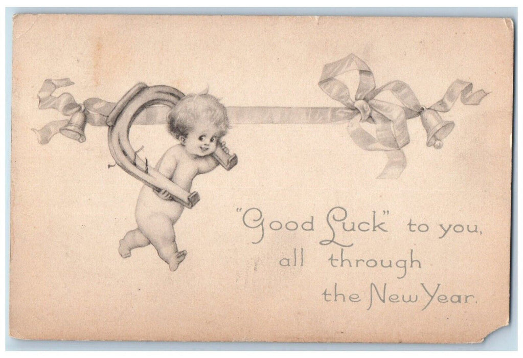 c1910's New Year Goodluck Little Boy Bare But Horseshoe Ringing Bell Postcard