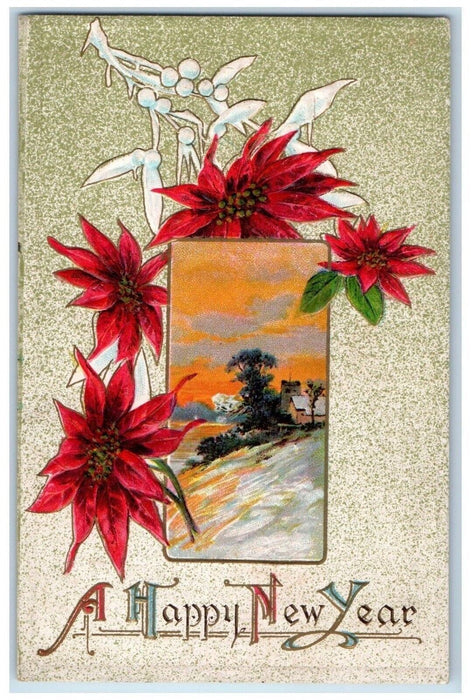 c1910's Happy New Year Poinsettia Flowers Mistletoe Winter Embossed Postcard