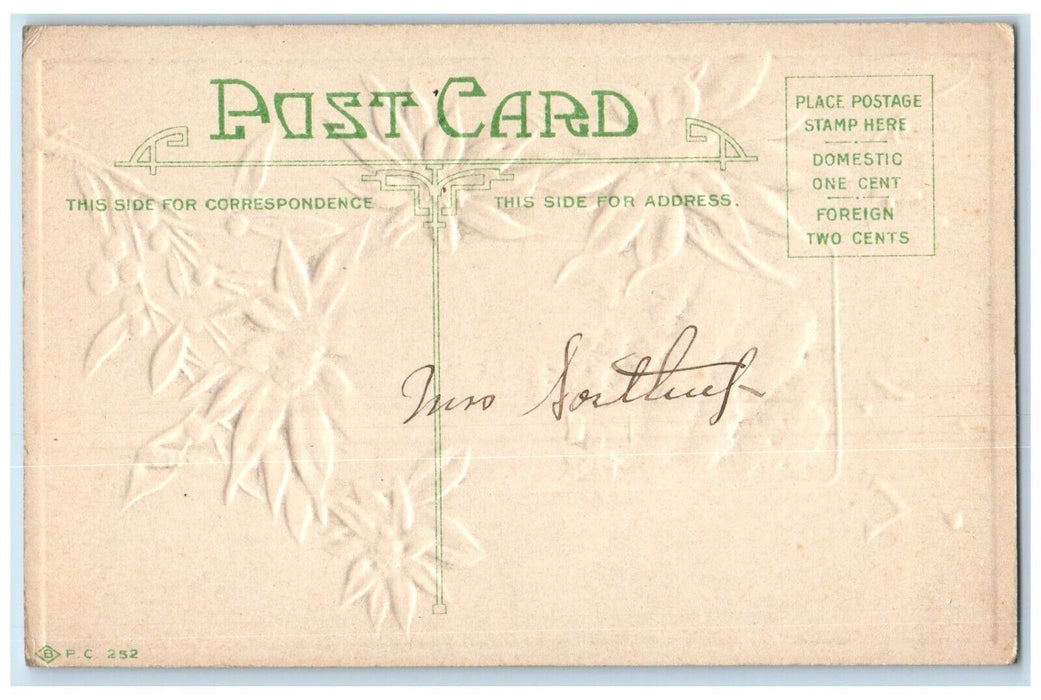 c1910's Happy New Year Poinsettia Flowers Mistletoe Winter Embossed Postcard