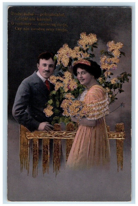 c1910's Sweet Couple Polish Romance Gel Gold Gilt Embossed Antique Postcard